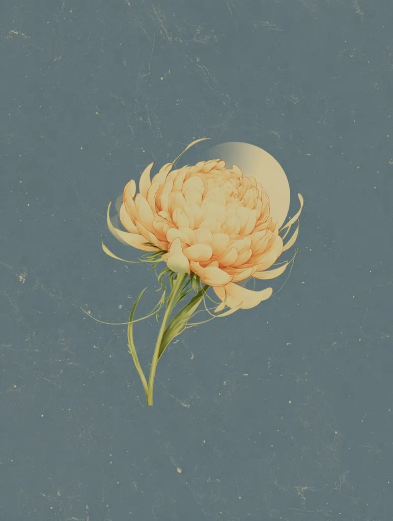 A delicate, pale orange flower, possibly a chrysanthemum, is the focal point against a muted blue-grey backdrop.  The textured background suggests age or artistic effect. A partial, soft white circle, reminiscent of a moon, is subtly positioned behind the flower, enhancing its ethereal quality. The overall aesthetic is serene and vintage-inspired.