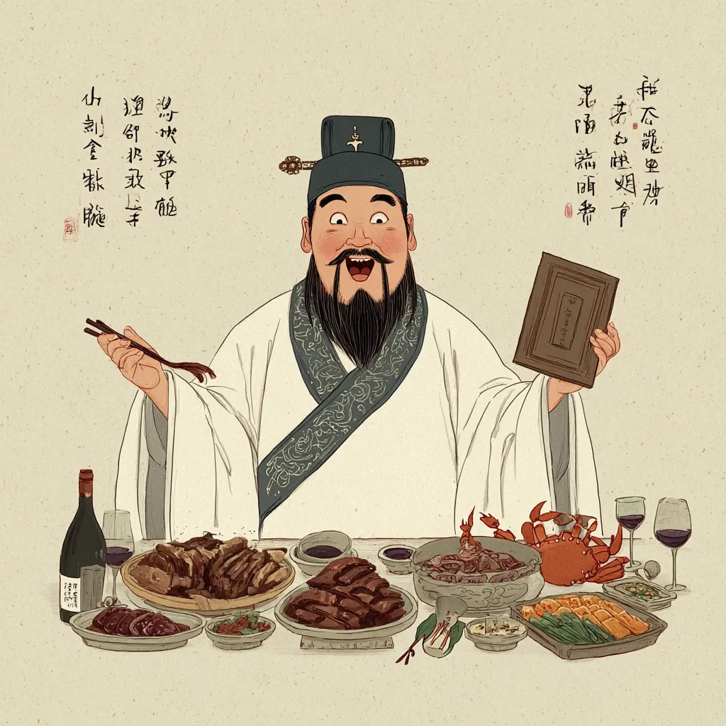 A jovial, bearded man in traditional Chinese attire sits at a richly laden table, chopsticks in hand.  He holds a book, possibly a menu, and displays an expression of delighted anticipation. The table is spread with a variety of dishes including meats, seafood, and vegetables, suggesting a celebratory feast. The artistic style is reminiscent of classical Chinese painting.