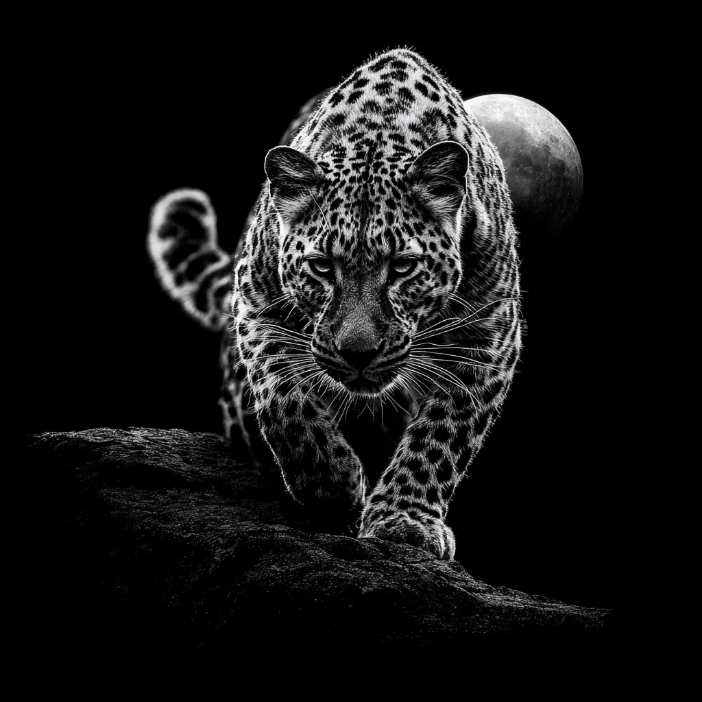 A stunning black and white image depicts a leopard walking towards the viewer. Its spotted coat is sharply contrasted against the dark background, with a full moon partially visible in the upper right corner. The leopard's intense gaze and powerful stance create a dramatic and captivating scene.  The dark tones enhance the animal's majestic presence.