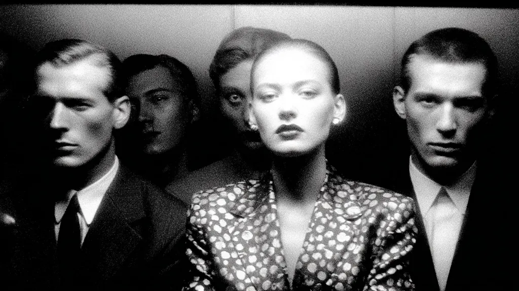 A black and white photograph captures a woman in a polka-dot blazer at the center, flanked by men in suits.  The image's stark contrast and shadowy background create a dramatic, almost film noir-like atmosphere.  The woman's expression is intense, and the men's faces are partially obscured, adding to the mystery. The overall composition suggests a moment of suspense or anticipation.