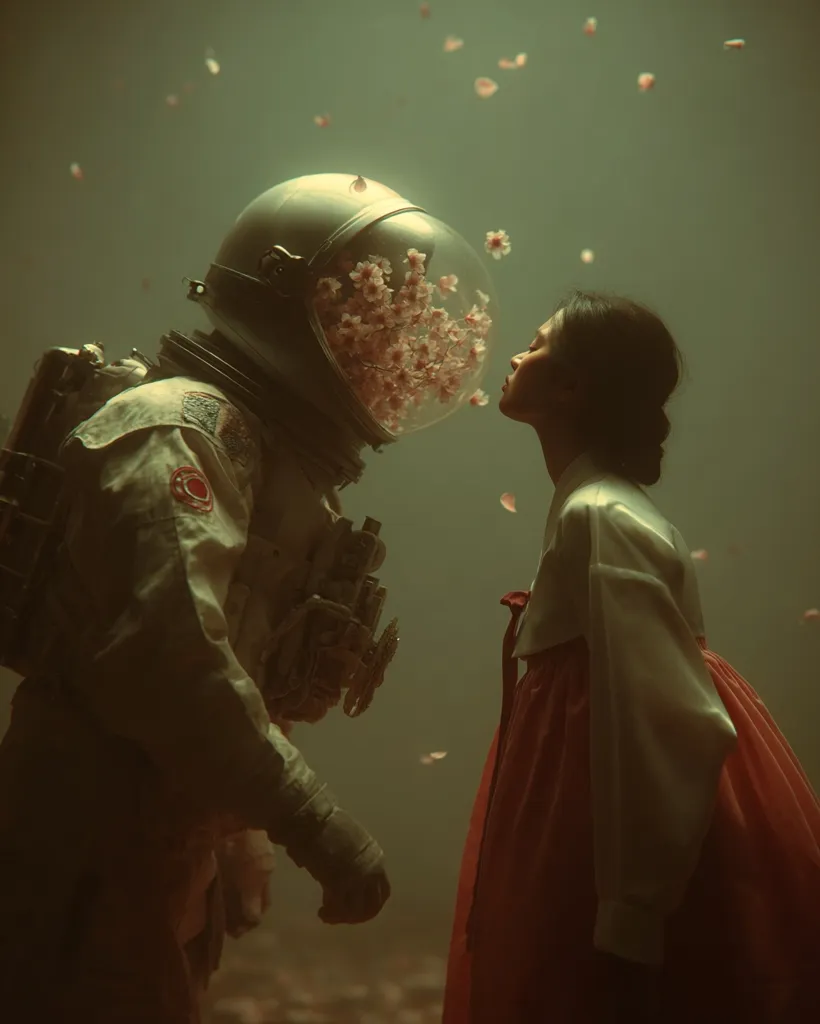An astronaut in a vintage spacesuit, adorned with cherry blossoms inside their helmet, leans towards a woman in a traditional Korean hanbok.  Falling petals surround them in a hazy, dreamlike atmosphere.  The scene suggests a poignant, ethereal encounter between worlds, a delicate moment of connection amidst a backdrop of soft, muted greens.