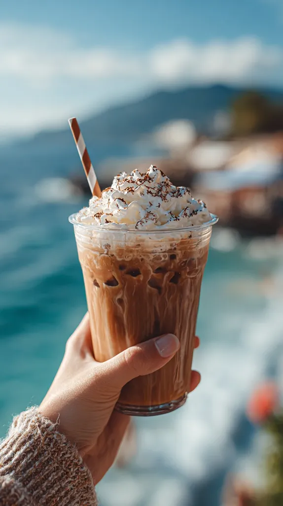 A hand holds a refreshing iced coffee drink.  The coffee is topped with whipped cream and chocolate shavings. A striped straw is inserted. The background is blurred, showing a sunny beach scene with ocean water and distant mountains.  The overall image evokes a feeling of relaxation and enjoyment of a summer beverage.