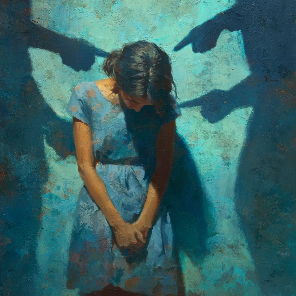 A young woman in a light blue dress stands with her head bowed, her hands clasped in front of her.  She is positioned against a textured teal background, where large, accusatory shadow figures loom, their pointing fingers seemingly directed at her. The painting evokes a sense of shame, judgment, and vulnerability.  The impasto style adds to the painting's emotional intensity.