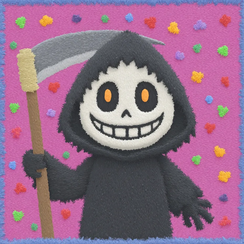 A fluffy, cartoon Grim Reaper, reminiscent of a plush toy, stands against a vibrant pink background speckled with colorful confetti.  The Reaper's skull-like face is stitched with a friendly grin and glowing orange eyes. It holds a scythe with a wooden handle. The overall style is playful and whimsical, contrasting the traditional image of death with a cheerful aesthetic.
