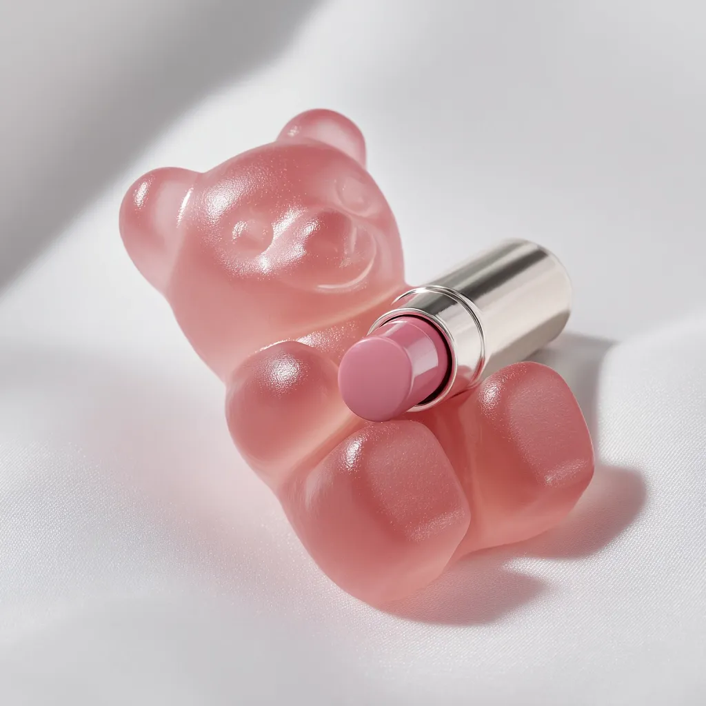 A pink gummy bear sits on a white background.  A tube of pale pink lipstick rests on top of the bear, the lipstick's bullet partially exposed. The scene is softly lit, creating gentle shadows and highlighting the translucent quality of both the gummy bear and the lipstick.  The overall aesthetic is clean, minimalist, and slightly whimsical.