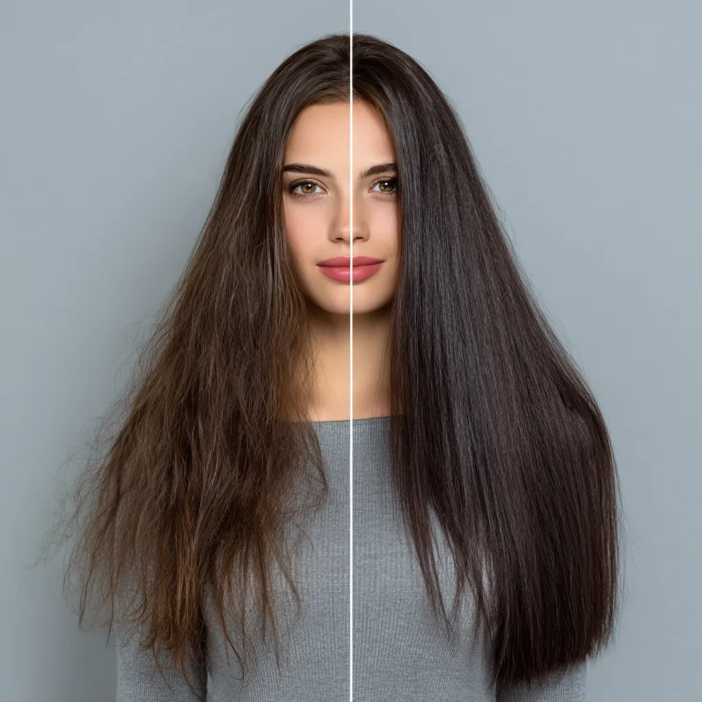 A before-and-after image showcases a woman's hair transformation.  The left side displays her naturally frizzy, wavy hair, while the right side reveals sleek, straight hair. The split image highlights the dramatic effect of a hair straightening treatment, demonstrating a significant improvement in smoothness and shine.  The woman's expression remains consistent, emphasizing the focus on her hair's change.
