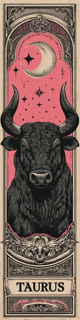 A stylized illustration of Taurus, the zodiac sign. A black bull, rendered in detailed ink drawing, is the centerpiece, set against a blush pink background adorned with a crescent moon and stars.  The image is framed by an ornate, vintage-inspired border with the word "TAURUS" prominently displayed at the bottom.  The overall style evokes a mystical or occult aesthetic.