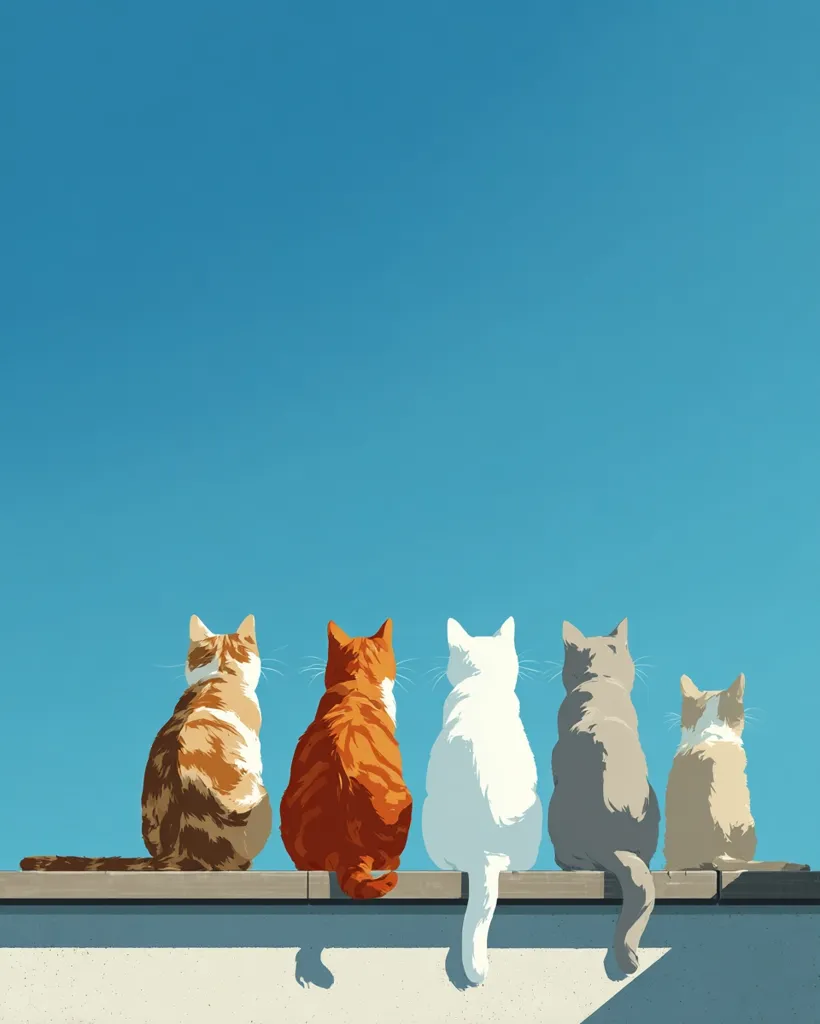 Five cats of varying colors—orange, calico, white, gray, and tan—sit in a row on a wall, their backs to the viewer.  They gaze out at a clear, bright blue sky.  The scene is simple and serene, capturing a peaceful moment.
