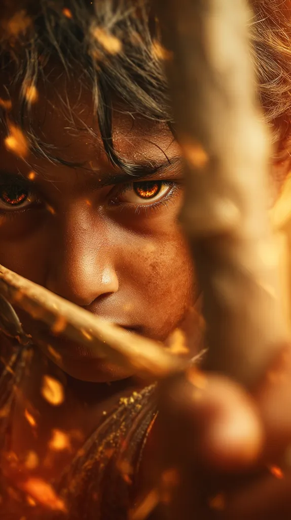 A close-up shot of a young boy with intense eyes, aiming a bow and arrow.  His face is partially obscured by the weapon, emphasizing his focused gaze.  Surrounding him, particles resembling embers or sparks create a fiery, dramatic atmosphere. The image suggests a scene of action or conflict, possibly from a fantasy or adventure film.  His expression is fierce and determined.