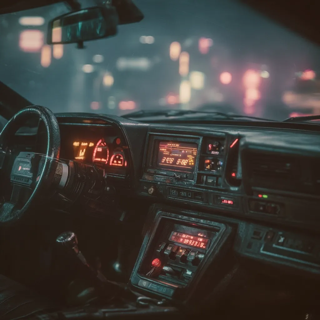 The image shows the interior of a vintage car at night.  The dashboard is dark and worn, featuring analog gauges with orange backlighting and a digital clock and radio display. The steering wheel is visible, and the car appears to be driving through a blurred city backdrop illuminated by neon lights. The overall aesthetic is retro-futuristic and evocative of a cyberpunk setting.