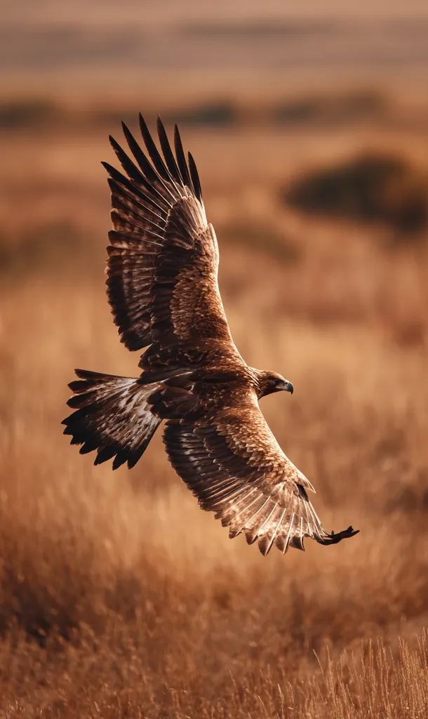 A golden eagle soars gracefully above a field of tall, dry grass.  The eagle's wings are fully extended, showcasing its impressive size and powerful flight. The warm, golden light of the setting sun bathes the scene, creating a dramatic and majestic image.  The eagle's brown and gold plumage contrasts beautifully with the earthy tones of the landscape.