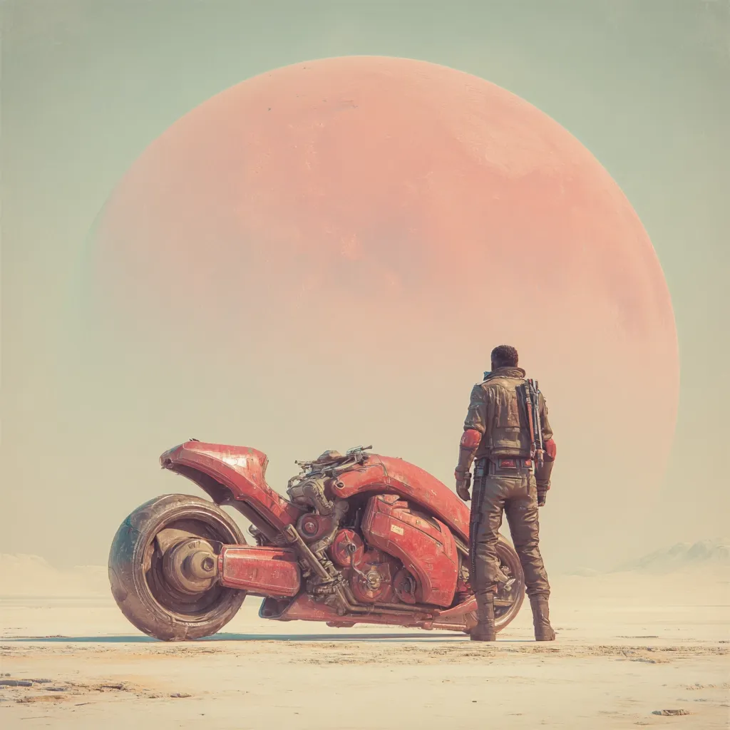 A lone figure in futuristic attire stands before a rusty-red, heavily engineered motorcycle on a desolate, sandy landscape.  A colossal, pale pink planet dominates the background, filling much of the sky. The scene evokes a sense of isolation and adventure in a post-apocalyptic or sci-fi setting. The color palette is muted and dusty, enhancing the desolate mood.