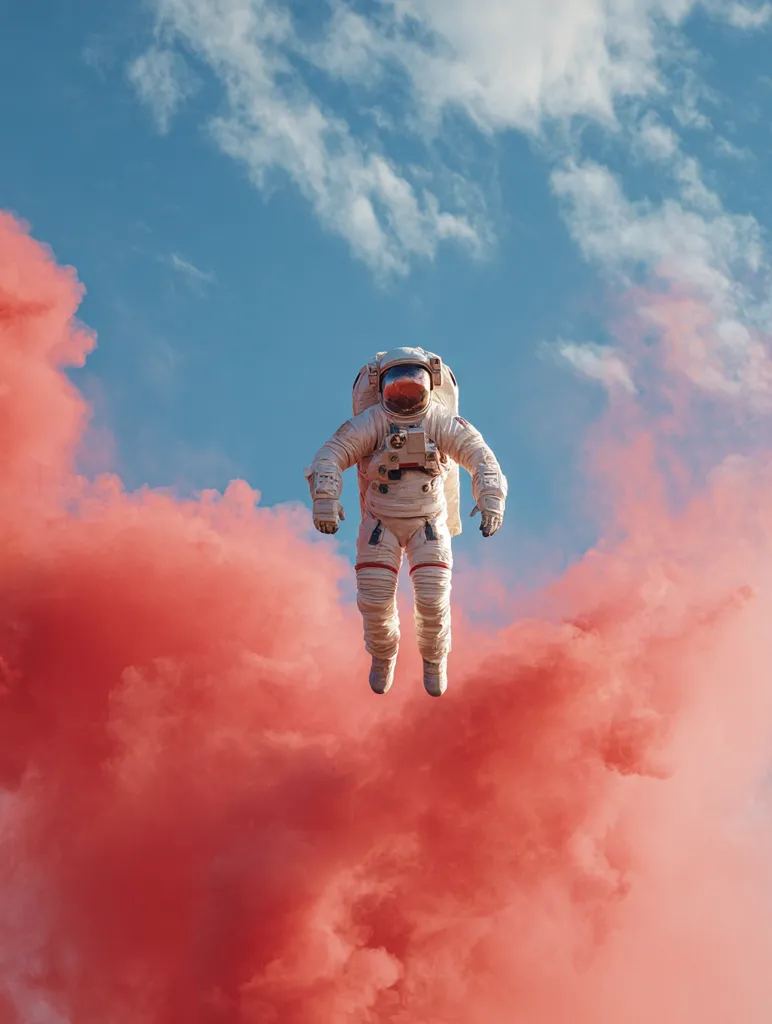 A lone astronaut floats serenely against a vibrant, coral-colored sky.  The astronaut, in a pristine white spacesuit, appears weightless amidst a billowing cloud of pink smoke, creating a surreal and dreamlike atmosphere. The contrast between the astronaut and the colorful backdrop is striking, evoking a sense of wonder and exploration.  The scene is bathed in bright, natural light.