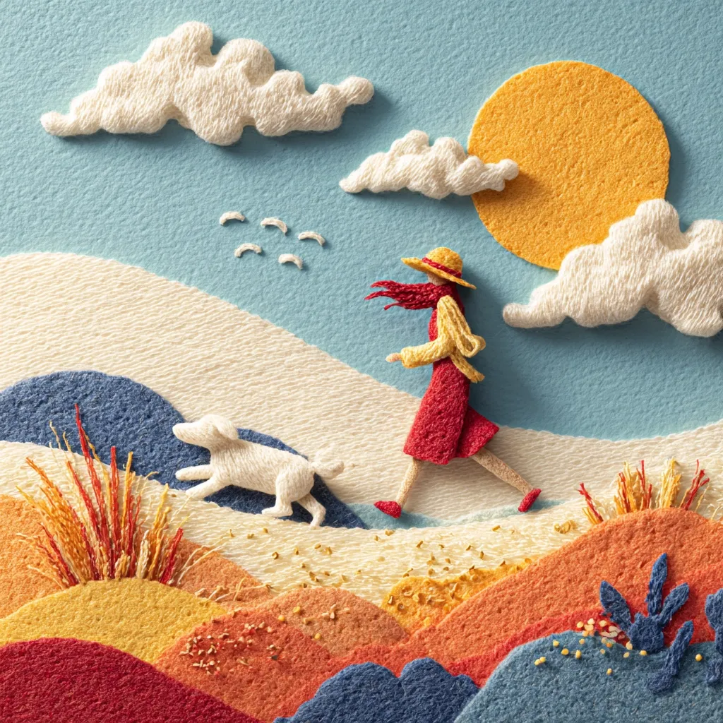 A charming embroidered artwork depicts a woman in a red dress and straw hat joyfully running across a stylized landscape with her white dog.  The scene is sunny, with fluffy clouds and a vibrant, textured terrain of rolling hills in warm autumnal colors.  Small embroidered details like birds and grasses add to the whimsical feel. The overall effect is one of warmth and carefree happiness.