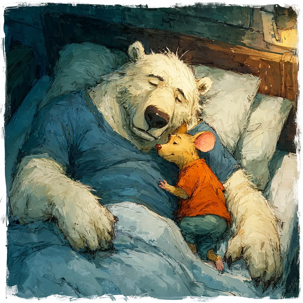 A heartwarming illustration depicts a large polar bear and a small mouse nestled together in bed. The bear, wearing a blue shirt, sleeps soundly with his eyes closed, while the mouse, in an orange shirt and blue pants, rests contentedly against his chest.  The soft lighting and textured brushstrokes create a peaceful and tender atmosphere. The scene evokes feelings of comfort, friendship, and the gentle intimacy of shared sleep.