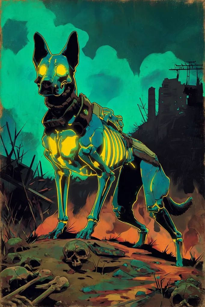A stylized illustration depicts a bioluminescent canine, its skeletal structure glowing yellow against a teal body.  The dog, possibly a German Shepherd, stands amidst a post-apocalyptic landscape of rubble and scattered skulls, its metallic armor suggesting a futuristic or dystopian setting.  The background hints at a ruined cityscape under a brooding, stormy sky. The overall aesthetic is dark, gritty, and fantastical.
