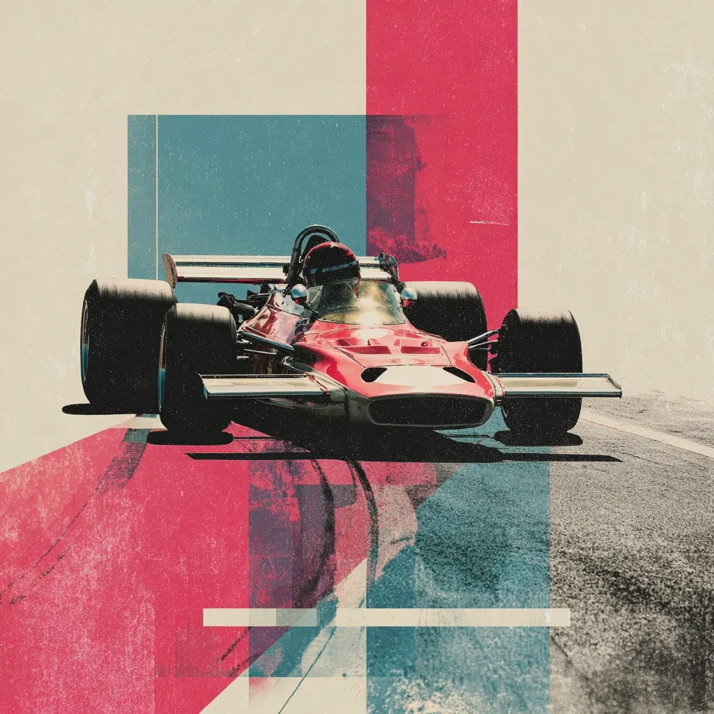 A vintage red Formula One race car is depicted in a stylized graphic.  The image uses a collage effect with bold blocks of red and blue, creating a retro feel.  The car is shown in motion on a race track, with tire marks subtly visible on the asphalt. The overall aesthetic is a blend of classic motorsport imagery and modern graphic design.