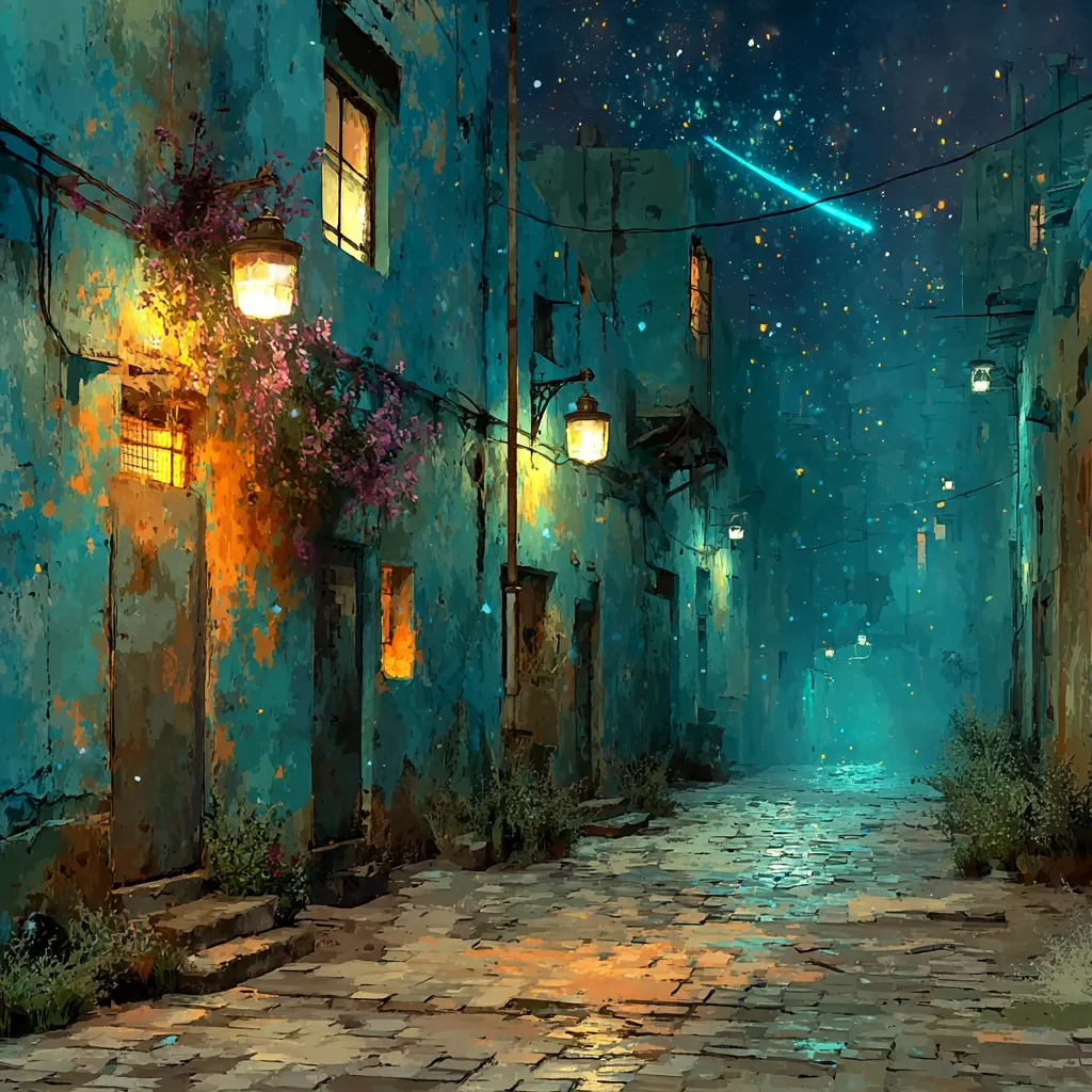 A quaint, narrow alleyway at night, bathed in the warm glow of old-fashioned street lamps.  Teal-colored buildings line the cobblestone path, their windows emitting a soft light.  A vibrant shooting star streaks across a starry sky, adding a magical touch to the scene.  Lush greenery sprouts from the base of the buildings, contrasting with the aged stone. The overall atmosphere is serene and slightly mystical.