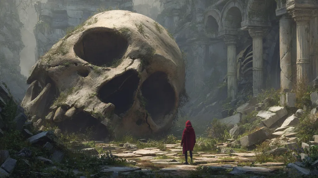 A colossal skull, overgrown with vegetation, dominates a scene of crumbling ancient ruins.  A lone figure in a red hooded cloak stands before it, dwarfed by the immense bone structure.  The atmosphere is somber and mysterious, hinting at a forgotten civilization and a powerful, possibly ominous, presence. The ruins suggest a once grand structure now reclaimed by nature.