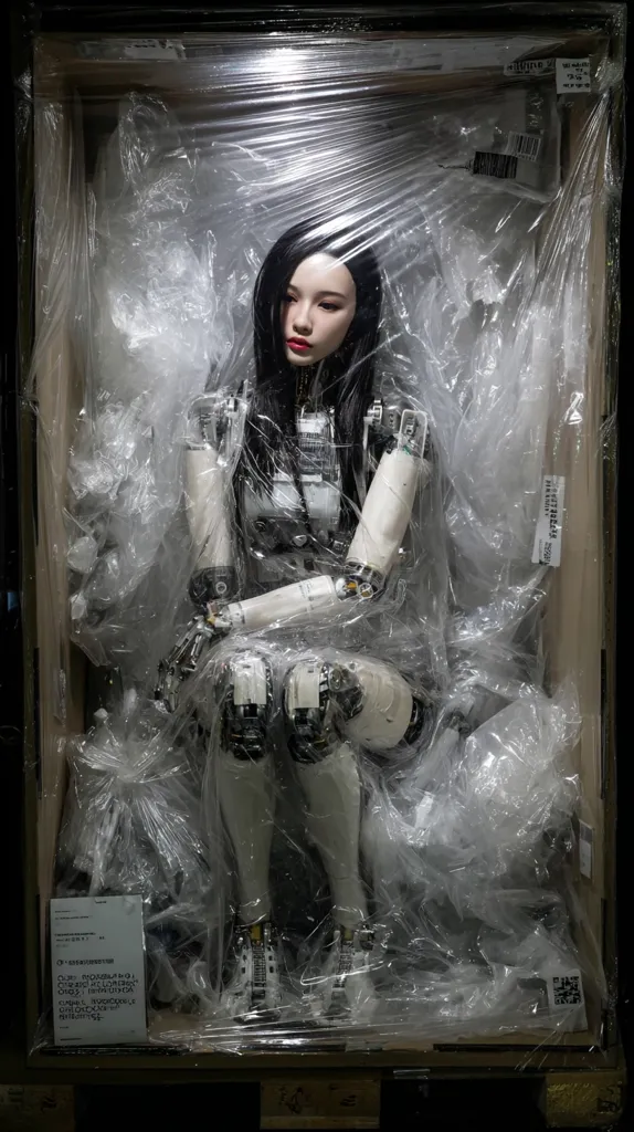 A female android, with long black hair and red lips, sits encased in clear plastic wrap inside a wooden crate.  Her robotic limbs and body are visible beneath the plastic. The image conveys a sense of confinement and the unsettling juxtaposition of human-like features with a mechanical body. The overall aesthetic is dark and somewhat dystopian.  Shipping labels are partially visible on the crate.
