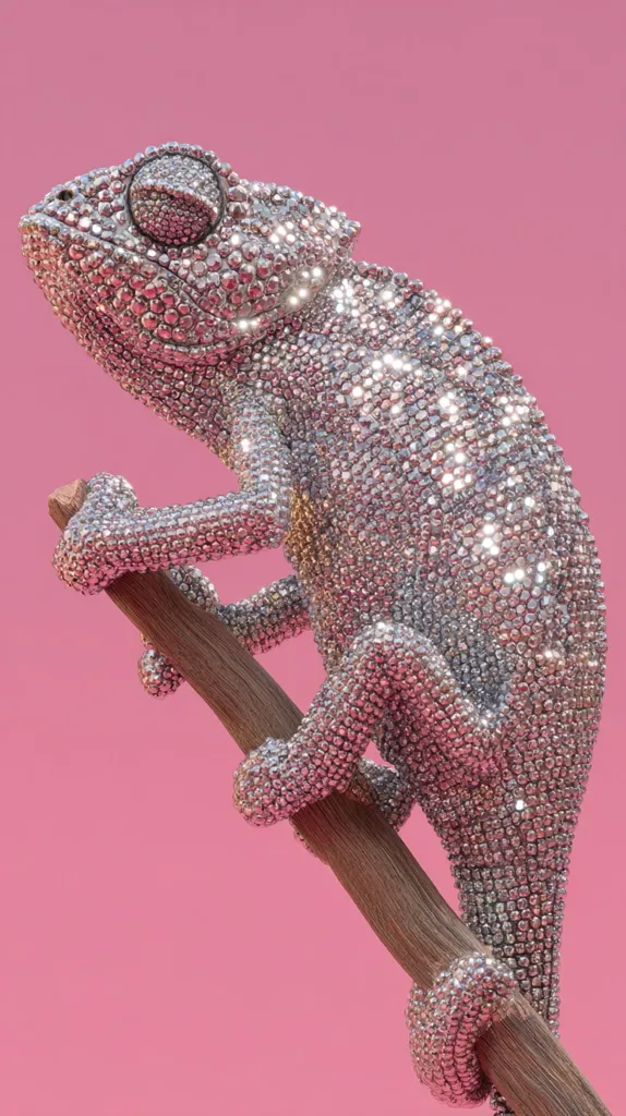 A chameleon, meticulously crafted from sparkling silver beads, clings to a weathered wooden branch.  The pink background accentuates the reptile's iridescent scales, creating a striking contrast. The detailed rendering highlights each individual bead, showcasing a luxurious, almost jeweled effect. The image is a study in texture and color, with the smooth branch contrasting the rough, shimmering surface of the chameleon.