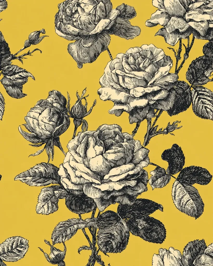 A seamless pattern showcases a lush arrangement of meticulously drawn roses in black and cream against a vibrant mustard yellow backdrop.  The detailed, almost engraved style of the floral illustrations evokes a vintage or antique aesthetic.  The roses are depicted in various stages of bloom, complemented by leaves and rosebuds, creating a rich, repeating design.