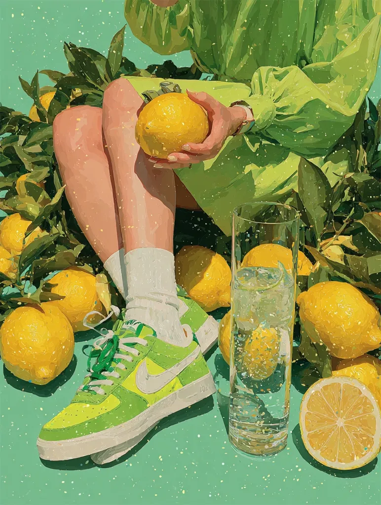 A vibrant, stylized illustration depicts a person in a lime green dress seated amidst a profusion of lemons.  They hold a lemon, their lime green Nike Air Force 1 sneakers are visible, and a glass of sparkling water sits nearby.  The overall aesthetic is bright, cheerful, and slightly surreal, with a painterly, almost pixelated texture. The background is a pastel green.
