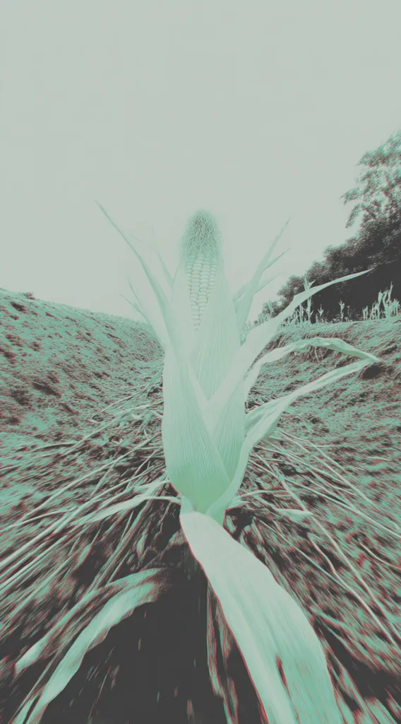 A stylized image of a single corn stalk in a field.  The corn is rendered in muted teal and green tones, with a surreal, almost otherworldly quality. The background suggests a gently sloping field under a pale sky.  The image has a slightly distorted or filtered appearance, enhancing its artistic effect. The focus is primarily on the central corn stalk, emphasizing its form and texture.