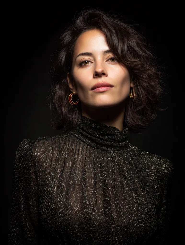 A woman with dark, wavy hair stares intensely at the camera.  She wears a sheer, black, high-necked, sparkly top and gold hoop earrings.  The dark background accentuates her features and the texture of her clothing.  The image is a dramatic close-up portrait, highlighting her confident expression.
