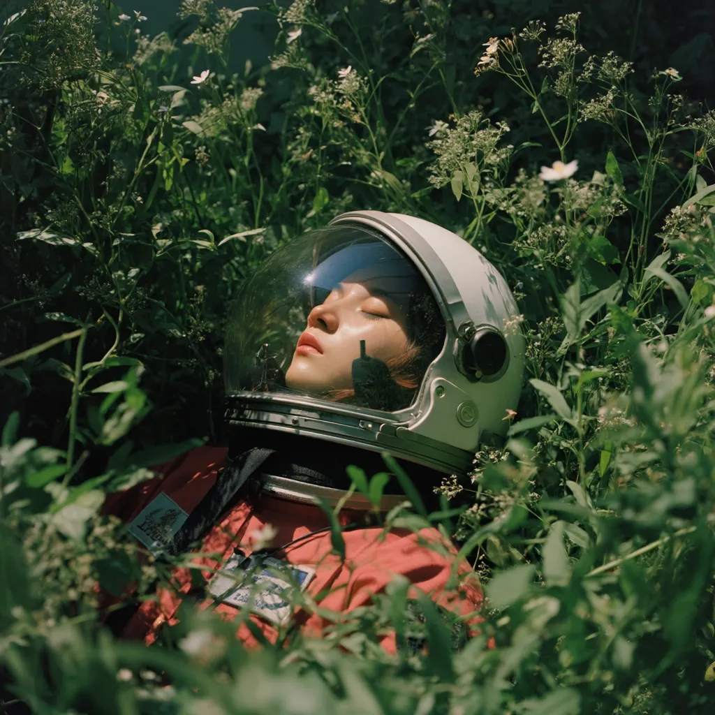 A woman in a spacesuit rests peacefully amidst lush green vegetation.  Her eyes are closed, and her helmet's visor reflects sunlight.  The scene is serene, contrasting the technological aspect of the astronaut gear with the natural beauty of the surrounding plants and wildflowers.  The overall mood is one of tranquility and perhaps a sense of escape or contemplation.