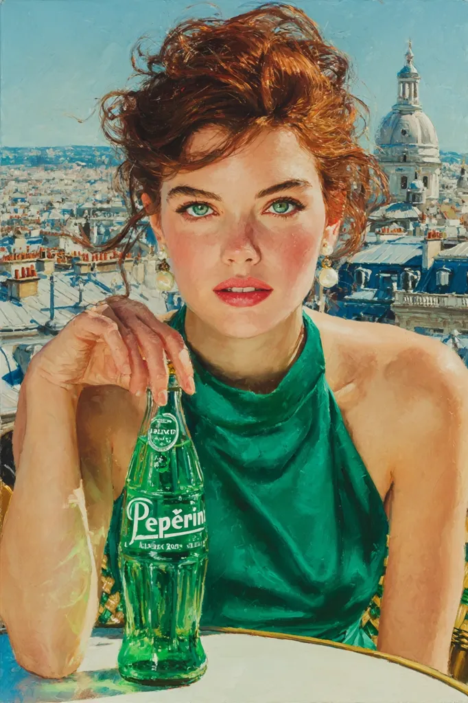 A young woman with vibrant red hair sits at an outdoor Parisian café, a bottle of Pépérin soda in hand.  She's dressed in a vibrant emerald green sleeveless dress, her gaze directed slightly away from the viewer.  The background showcases a picturesque view of Parisian rooftops and a church dome under a bright, sunny sky, creating a scene of casual elegance and Parisian charm.