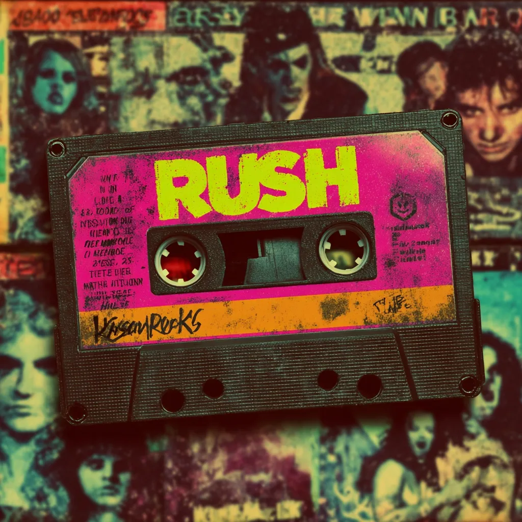 A worn-out cassette tape, bearing the name "RUSH" in vibrant yellow lettering on a pink and orange background, is the focal point.  The tape's casing shows signs of age and wear, with visible scratches and graffiti.  It rests against a backdrop of numerous vintage music magazine covers, creating a nostalgic, retro aesthetic.  The overall image evokes a feeling of classic rock and the bygone era of cassette tapes.