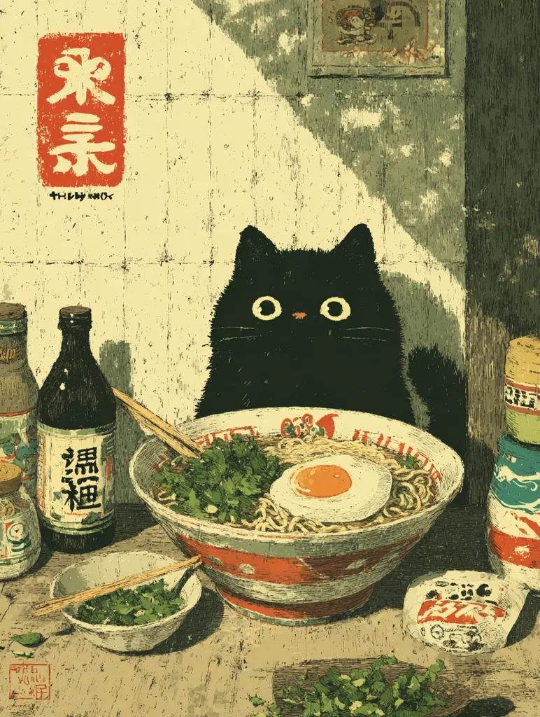 A black cat sits patiently beside a steaming bowl of ramen, a single egg yolk gleaming in the center.  The scene is rendered in a vintage, woodblock-style illustration, with muted earth tones and a textured background.  Various condiments and a soy sauce bottle are arranged on the table, adding to the comforting, homely atmosphere.  Japanese characters are subtly featured, enhancing the overall aesthetic.
