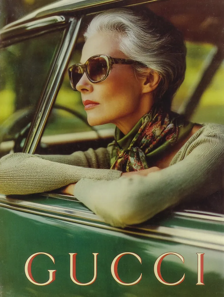 An elegant older woman with silver hair and sunglasses sits in a vintage green car.  She wears a light green sweater and a patterned silk scarf. The image is styled with a vintage, warm filter.  The Gucci logo is prominently displayed on the car's side.  The overall mood is sophisticated and timeless.