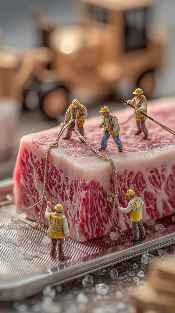 Miniature construction workers carefully maneuver a large, marbled block of raw meat using ropes on a metallic tray.  Ice crystals scatter around the base.  A blurred background shows a piece of heavy machinery, adding to the whimsical contrast of the scene. The focus is sharply on the tiny figures and the richly textured meat.