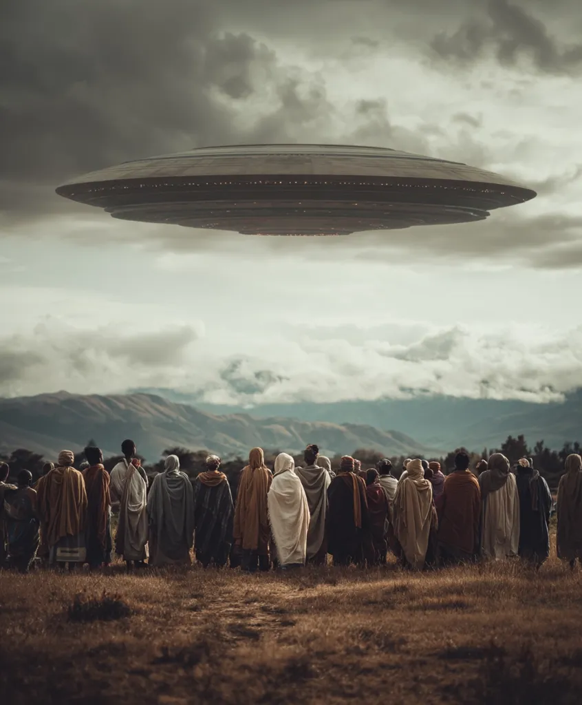 A large, metallic UFO hovers silently above a group of people standing in a field.  The people, dressed in simple robes, gaze upward, their backs to the viewer.  A dramatic, overcast sky and distant mountains form a backdrop to this scene of otherworldly encounter, creating a sense of awe and mystery. The overall mood is one of suspense and anticipation.