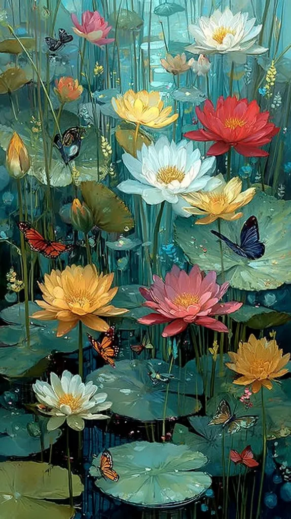 A vibrant painting depicts a serene aquatic scene brimming with colorful water lilies and butterflies.  Various shades of pink, red, yellow, and white lilies blossom amidst large, lush green lily pads.  Butterflies in orange, black, and blue flutter around the flowers, adding to the lively atmosphere of this tranquil pond.  The teal-green water adds a cool contrast to the warm colors of the blooms.