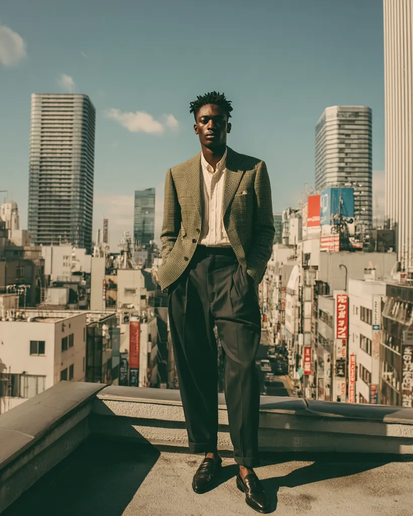 A young Black man in a stylish olive green blazer and dark pleated trousers stands on a rooftop overlooking a cityscape of Tokyo. His attire is sharp, reflecting a blend of classic and contemporary fashion.  The sun casts shadows, enhancing the image's mood and highlighting the architectural details of the background. The overall impression is one of sophisticated urbanity.