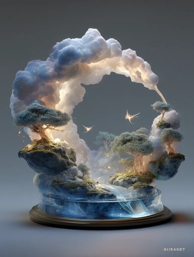 A digital artwork depicts a miniature, ethereal landscape encased in glass.  Luminous clouds form an arch over tiny, moss-covered islands with delicate trees.  A small stream flows through the scene, populated by minuscule figures and glittering particles. The overall impression is one of magical realism and delicate beauty.