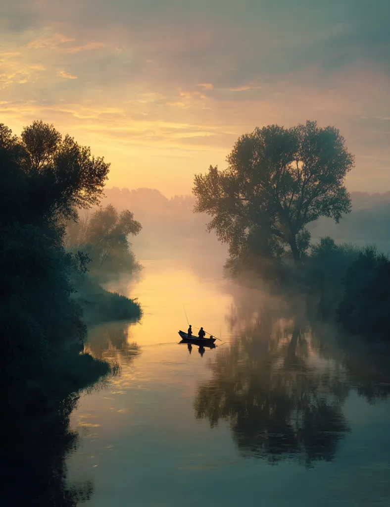 A serene sunrise paints the sky in soft oranges and yellows as two figures silently fish from a small boat on a calm, mist-shrouded river.  Lush, dark green trees line the banks, their reflections mirroring the tranquil scene in the still water. The atmosphere is peaceful and evokes a sense of quiet solitude in nature's embrace.