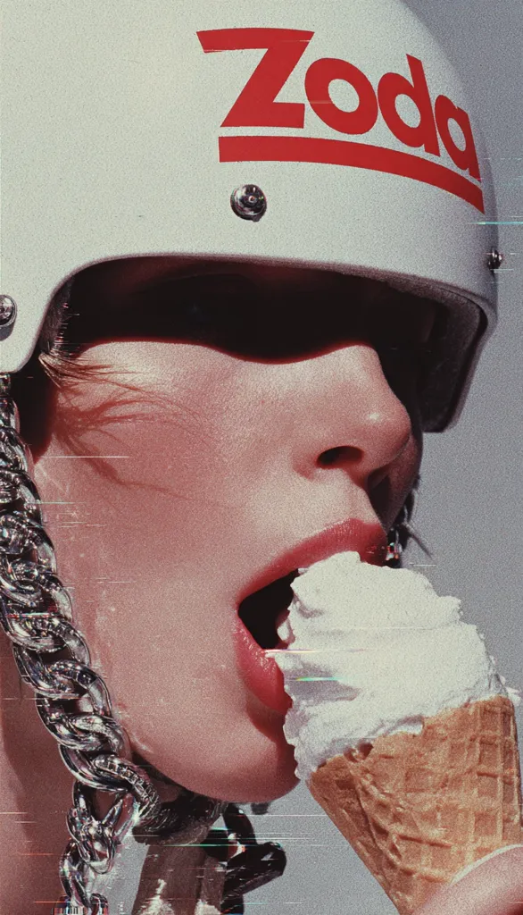 Close-up shot of a person wearing a white helmet with "Zoda" in red lettering.  A thick silver chain necklace is visible.  The individual is biting into a vanilla ice cream cone, their lips painted a bold red. The image has a vintage, slightly distorted aesthetic.