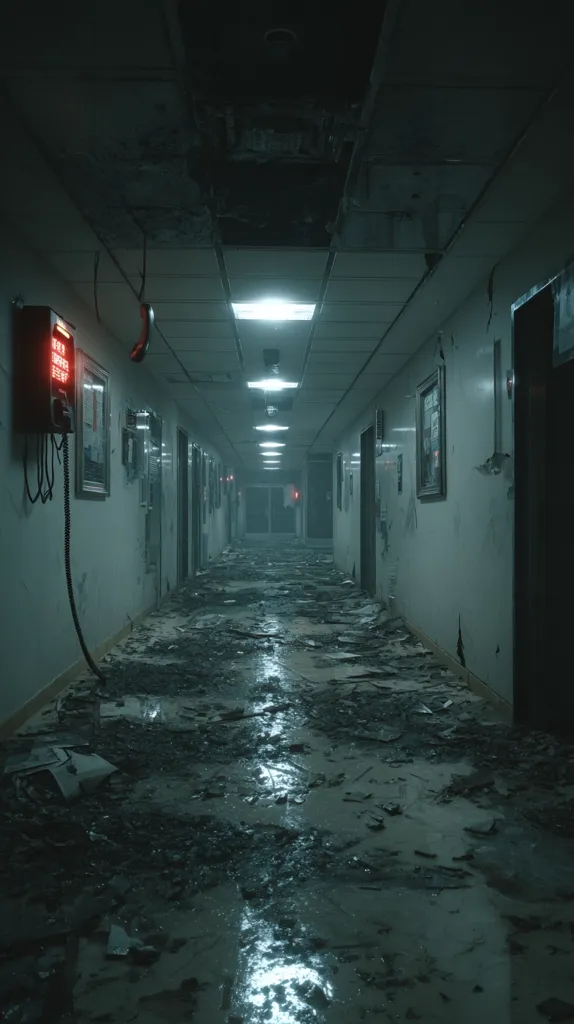 A long, dimly lit hospital corridor is shown in a state of disrepair. The ceiling is damaged, and the floor is covered in debris and water.  A broken emergency phone hangs on the wall.  The overall atmosphere is dark, desolate, and suggestive of abandonment or aftermath.  The walls are worn and peeling, adding to the sense of neglect.