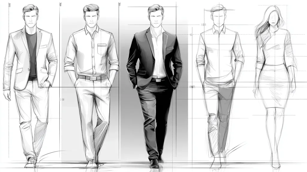 The image showcases five fashion sketches: three male figures and two female figures.  The men's attire ranges from a casual shirt and trousers to a more formal suit.  One male figure is depicted in a simpler, less detailed style.  The female figures are shown wearing a skirt and blouse and a dress.  All figures are presented as walking, with measurements marked on the background grid. The style is a realistic fashion illustration, in grayscale.