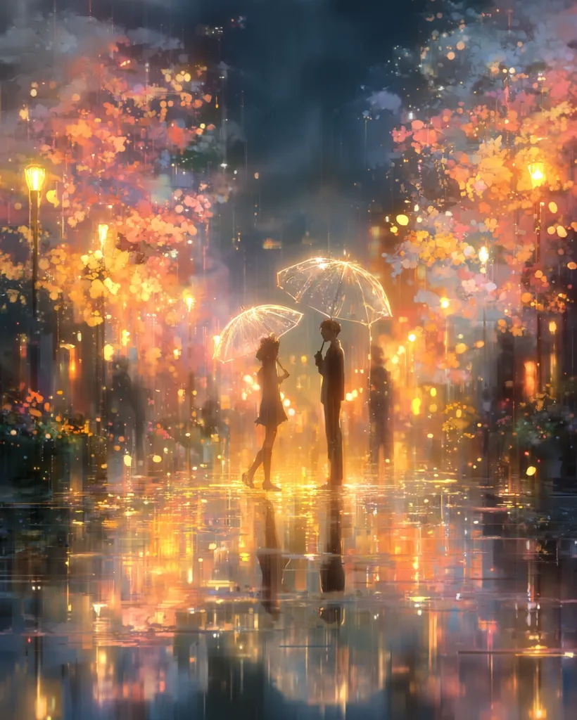 A romantic anime-style illustration depicts a couple sharing an umbrella under a warm, rain-lit street.  Trees with glowing, autumnal leaves line the wet pavement, reflecting the city lights in the puddles. The figures are silhouetted, their intimate conversation emphasized by the soft, dreamlike atmosphere.  The overall mood is serene and melancholically beautiful.