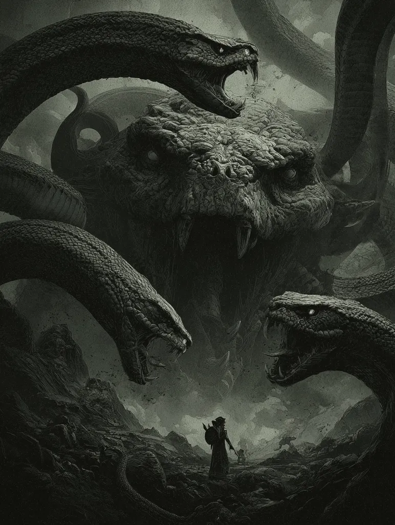 A lone figure, armed with a shield and possibly a spear, stands defiantly before a colossal, monstrous serpent.  The creature is serpentine, with multiple heads, each a terrifying visage of scales and fangs.  The scene is dark and foreboding, rendered in grayscale, emphasizing the immense size and power of the monstrous serpent against the smallness of the human figure.  A desolate, rocky landscape surrounds them.