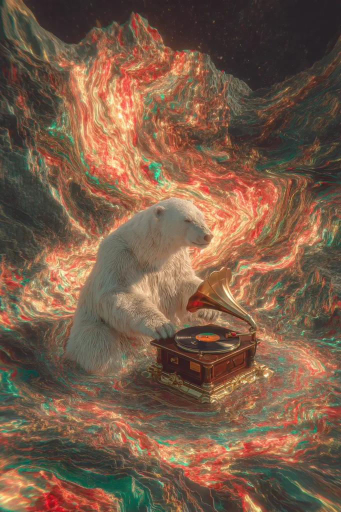 A polar bear sits on a swirling, vibrant, abstract landscape, operating an antique gramophone.  The background resembles a fiery, textured mountain range with deep reds and greens. The bear appears serene, listening intently to the music. The scene is surreal and blends natural elements with a vintage technological artifact, creating a captivating visual narrative.