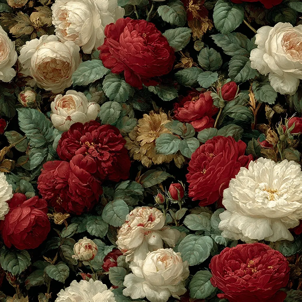 A lush arrangement of richly colored roses dominates the image. Deep red and creamy white blooms intertwine, creating a dense, opulent floral pattern.  The roses are rendered with detailed brushstrokes, showcasing their velvety texture and delicate petal formations.  Lush green foliage provides a contrasting backdrop, enhancing the vibrancy of the floral display. The overall style evokes a classic, almost painterly aesthetic.