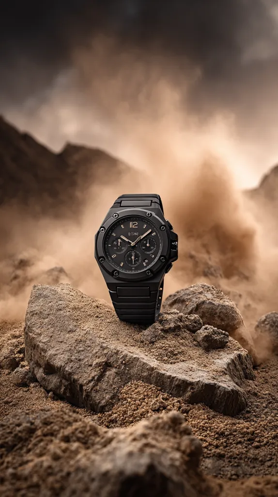 A black Titan chronograph watch rests on a rock in a desert landscape.  Dust swirls in the background, creating a dramatic, rugged atmosphere. The watch features a black metal band and case, with gold accents on the face. The overall image conveys a sense of adventure and durability.