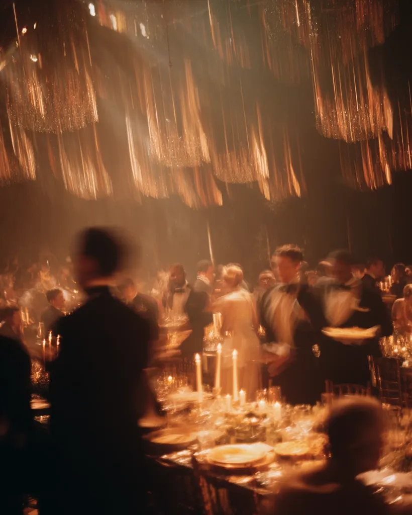 A dimly lit, opulent banquet unfolds under a ceiling adorned with shimmering, golden strands.  Guests in formal attire are seated at long tables laden with candlelit dishes. The atmosphere is warm and luxurious, with a sense of movement and subtle motion blur adding to the scene's vibrancy.  The overall effect is one of elegant, slightly hazy festivity.