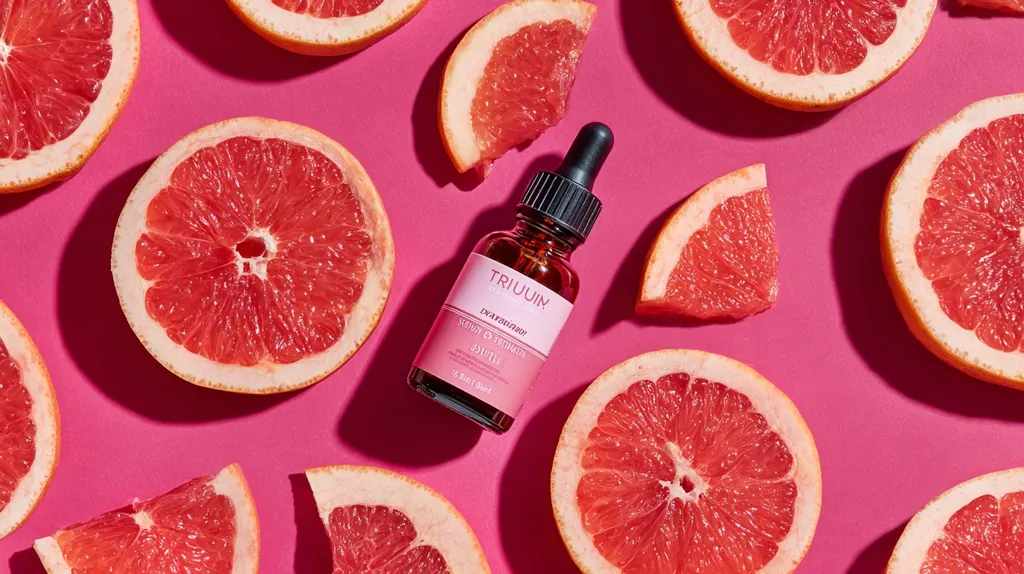 A bottle of Triuum's Serum C Trivitamin Isolette sits on a vibrant pink background surrounded by grapefruit slices.  The serum's amber bottle and minimalist label contrast beautifully with the bright citrus fruit. The image evokes a feeling of freshness and natural beauty, highlighting the product's key ingredient.  The composition is visually appealing and emphasizes the product's association with vitamin C and healthy skin.
